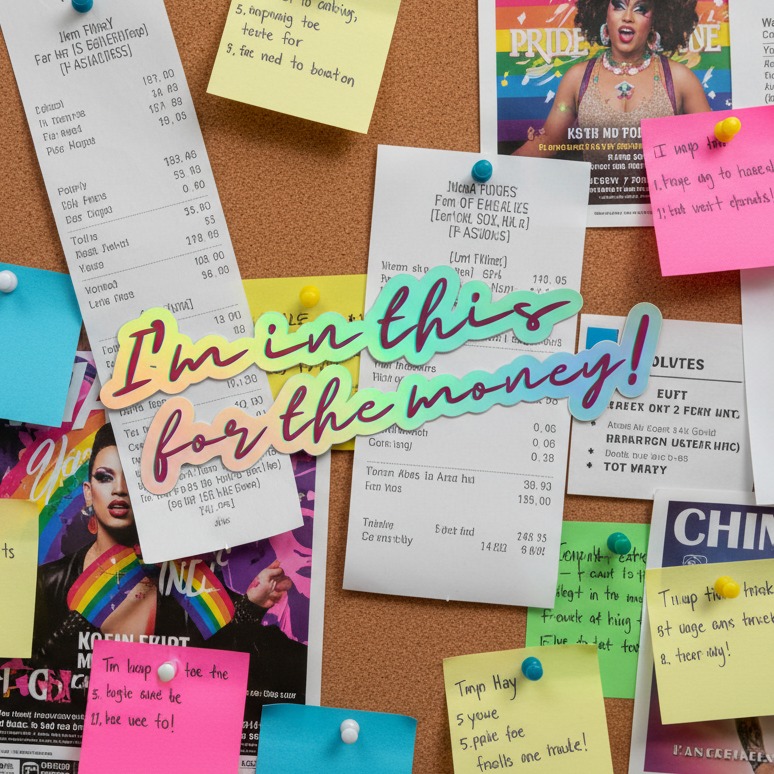 Holographic sticker reads “Im In This For The Money,” centered on a corkboard with receipts, pride rainbows, drag clips
