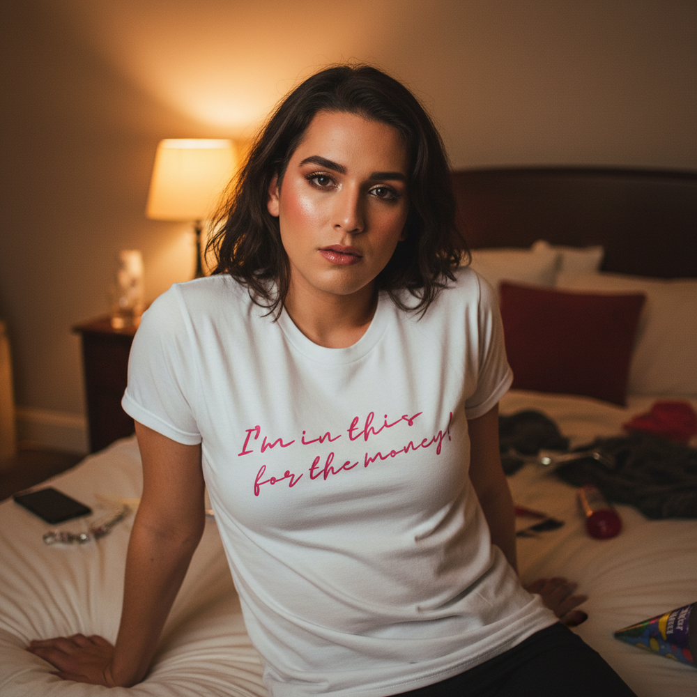 White unisex “Im In This For The Money” t-shirt with bold pink letters