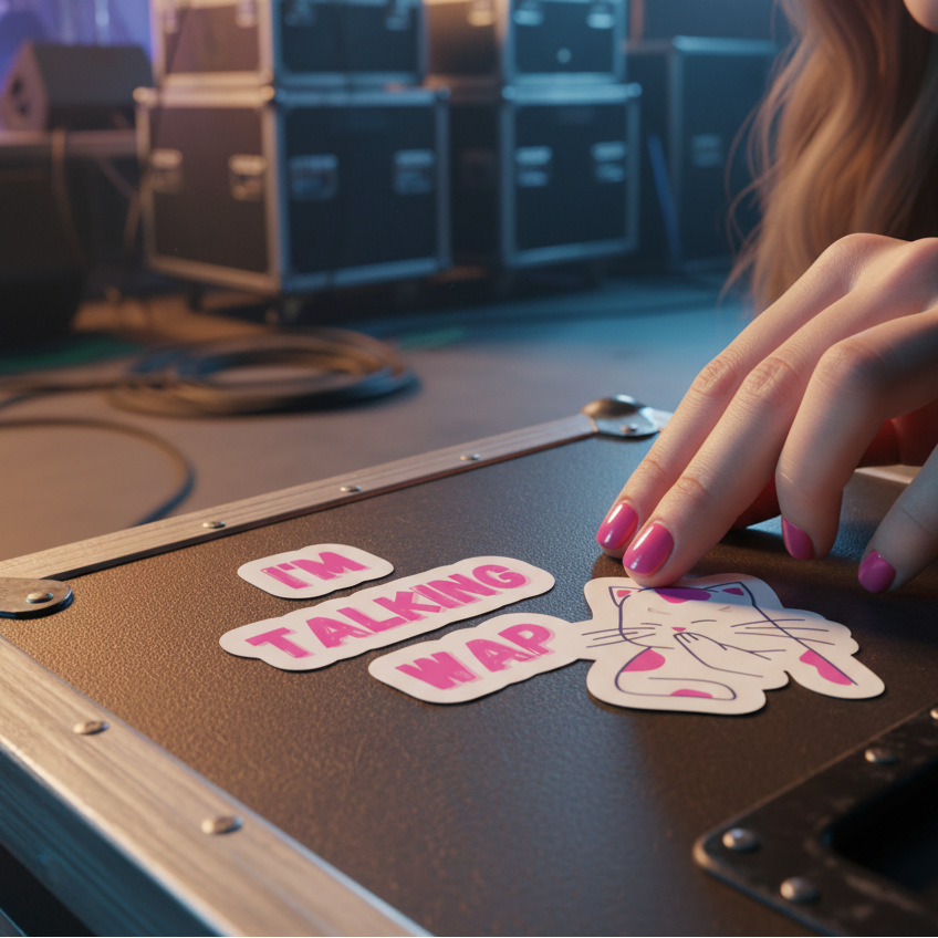 Black case covered in "I'm Talking WAP!" Bubble-Free Stickers with a cartoon cat; femme hand, pink nails on top
