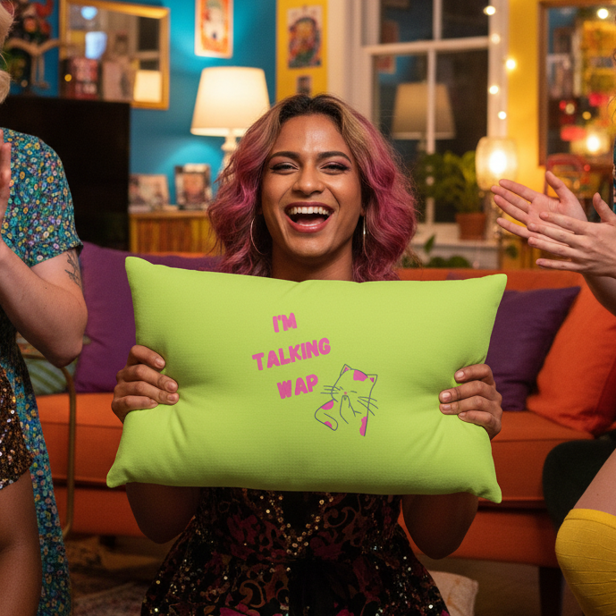 Person with pink hair holds "I'm Talking Wap!" cat pillow