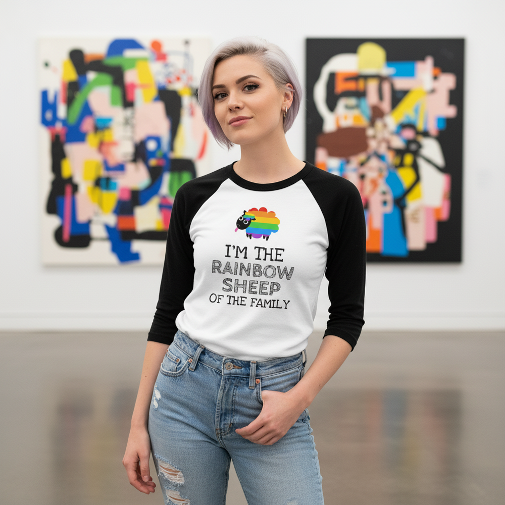 I'm The Rainbow Sheep Of The Family 3/4 sleeve raglan shirt with rainbow sheep graphic, worn by a person in ripped jeans