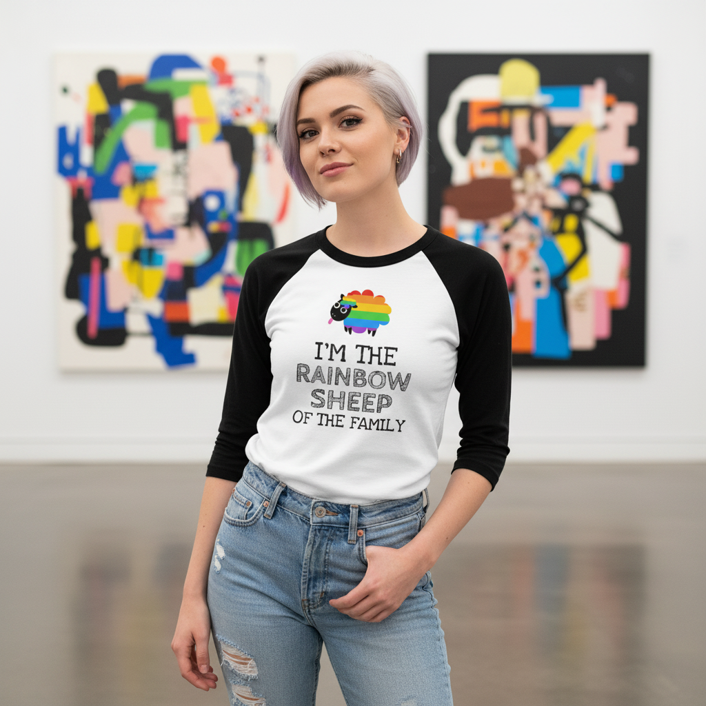 I'm The Rainbow Sheep Of The Family 3/4 sleeve raglan shirt with rainbow sheep graphic, worn by a person in ripped jeans