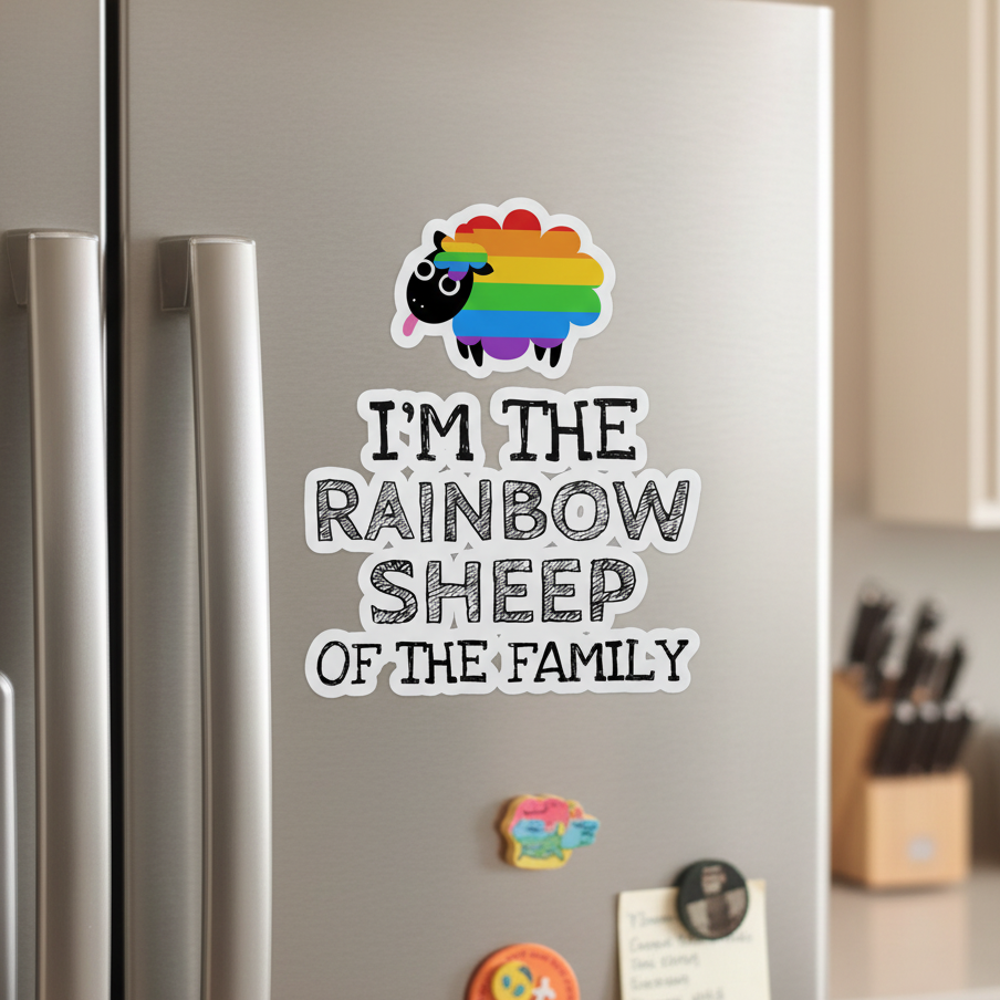 I'm The Rainbow Sheep Of The Family bubble-free sticker with a rainbow sheep pops on a fridge