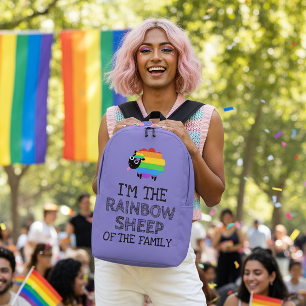 Purple backpack reading “I’M THE RAINBOW SHEEP OF THE FAMILY,” held at a Pride gathering