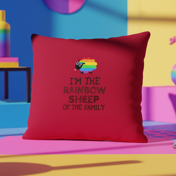 Red pillow with LGBT pride theme, showing a rainbow-striped cartoon sheep in glasses