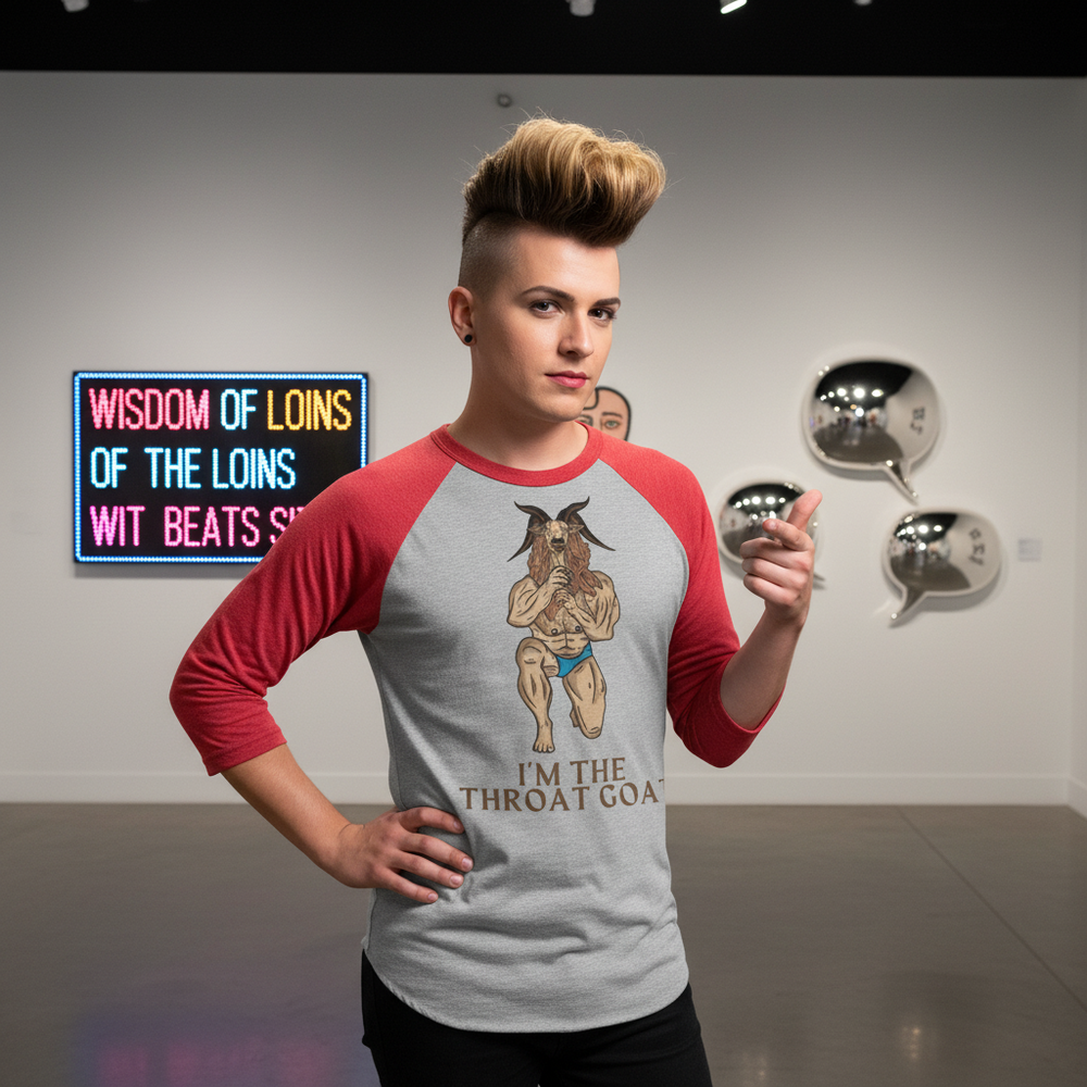 I'm The Throat Goat 3/4 Sleeve Raglan Shirt" with playful goat art, worn by a blond queer youth in a neon-lit art gallery.