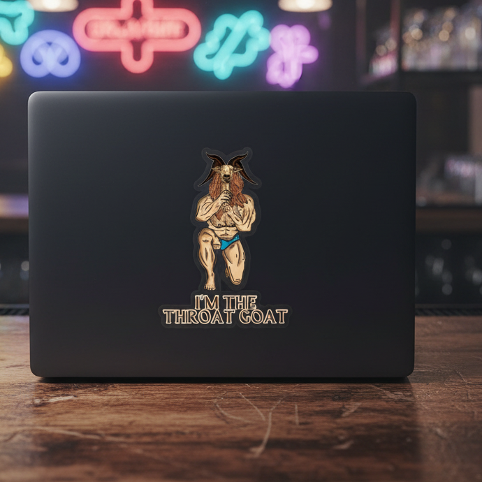 Bubble-free sticker reading "I'm The Throat Goat," shows a buff goat-headed hunk in blue briefs on a laptop