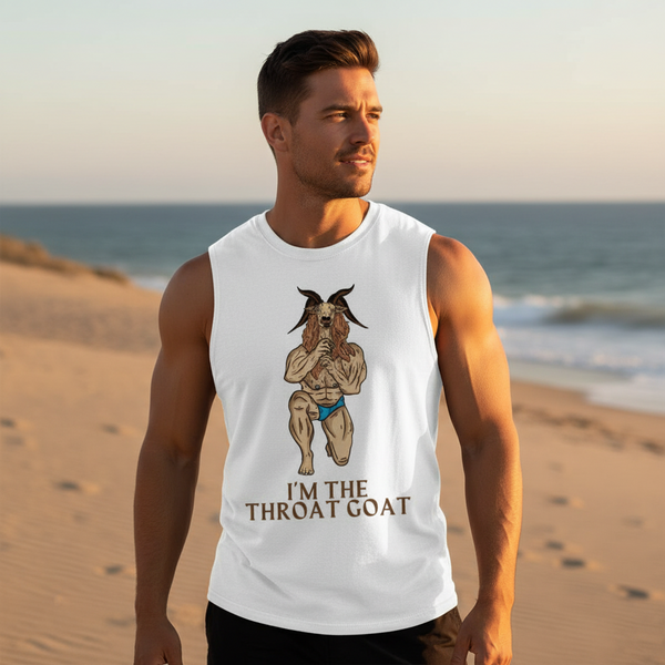White “I'm The Throat Goat” muscle tank with muscular goat-person art, worn by a person at sunset on the beach
