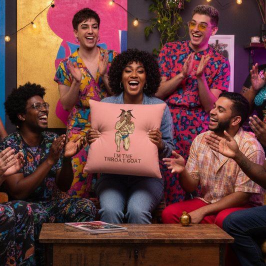 Six friends smile and clap around an “I'm The Throat Goat Pillow” with a bold goat graphic