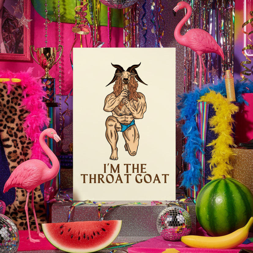 I'm The Throat Goat Postcard shows a buff goat-headed figure in blue briefs