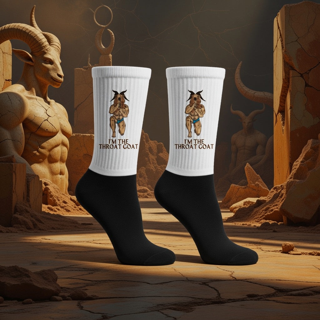 White crew socks with black soles, a chunky goat graphic, and bold “IM THE THROAT GOAT” slogan; comfy queer statement gear.