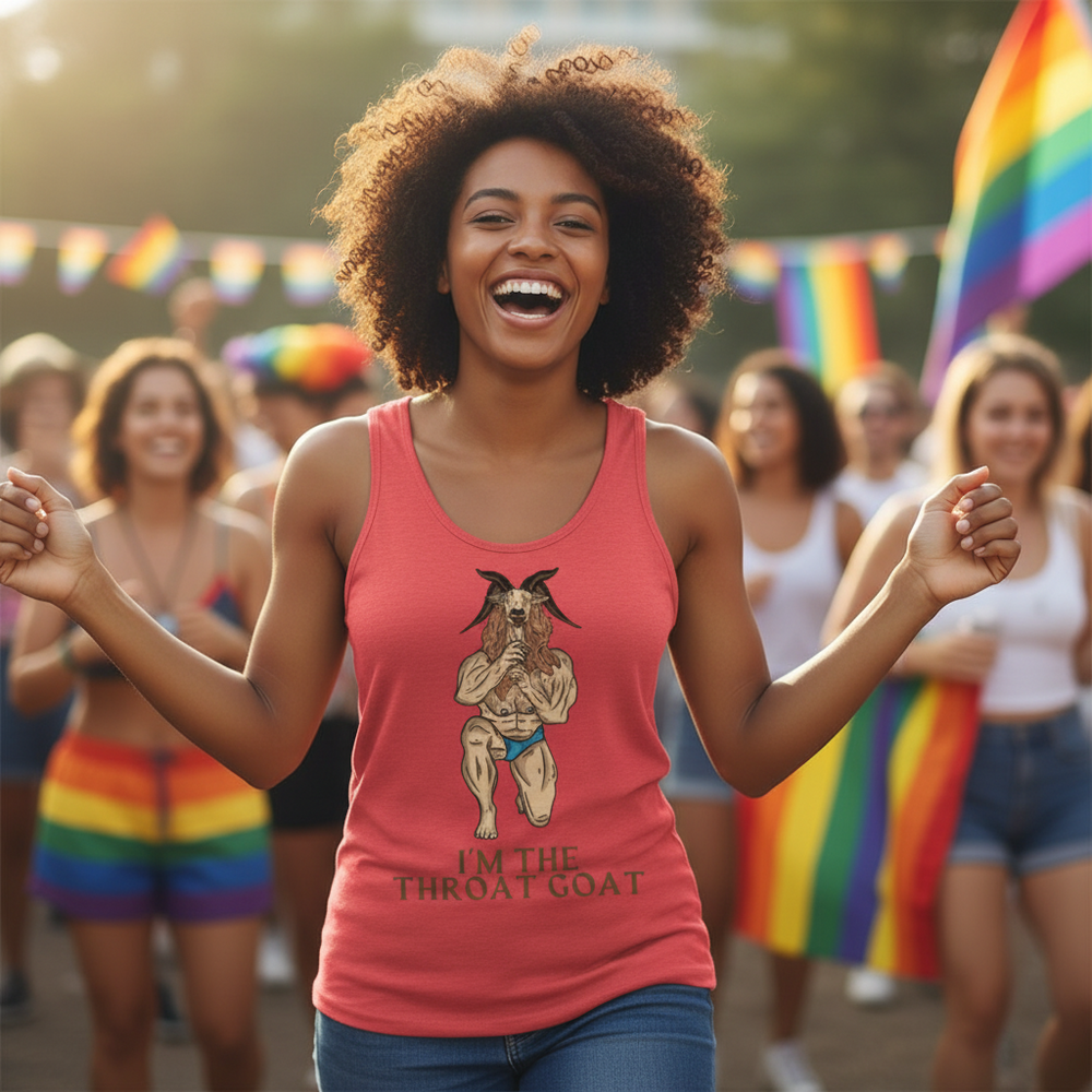 “Im The Throat Goat Unisex Tank Top” with a bold muscular goat graphic, worn by a person at Pride, rainbow flags all around