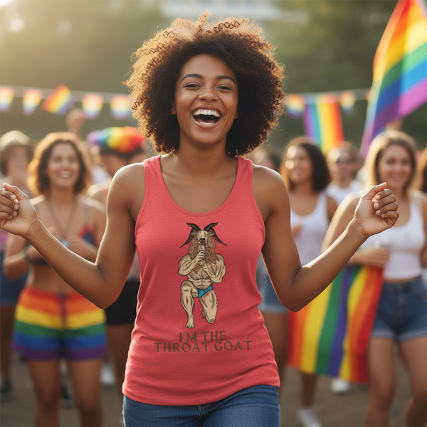 “Im The Throat Goat Unisex Tank Top” with a bold muscular goat graphic, worn by a person at Pride, rainbow flags all around