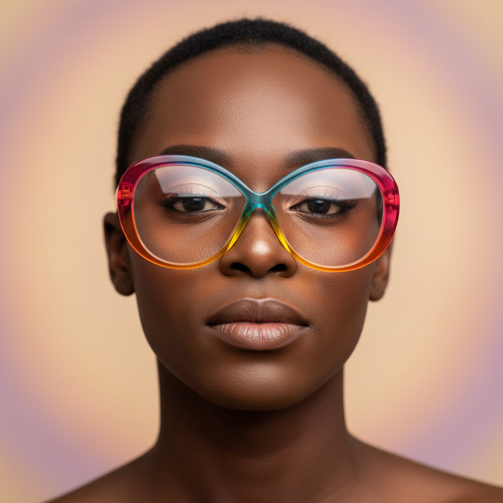 Infinite Rainbow Sunglasses shine on a person with short hair and dark skin