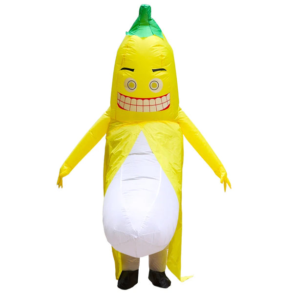 Front-view inflatable yellow banana costume with a grinning face and white center