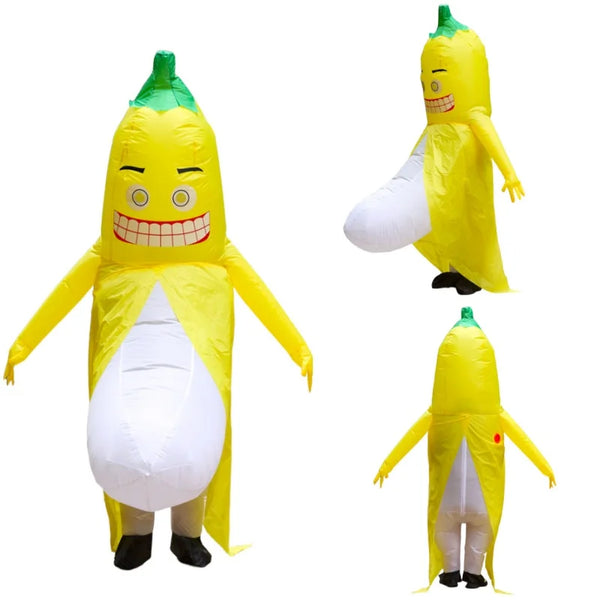 Collage showing front, side, and back views of an inflatable banana costume with a grinning face