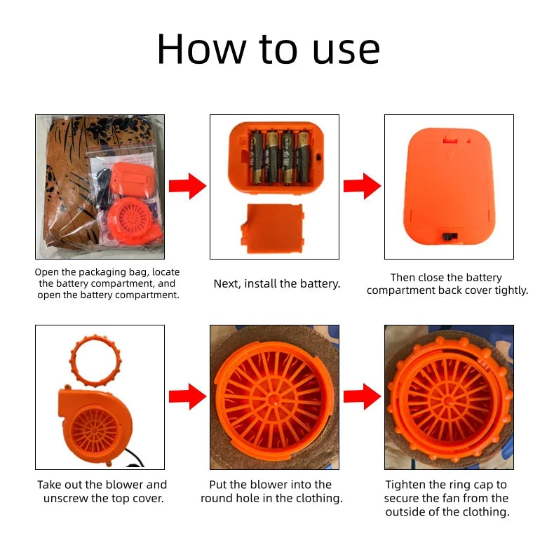 Inflatable Unicorn Costume: illustrated instructions for connecting the battery pack and inflation fan.