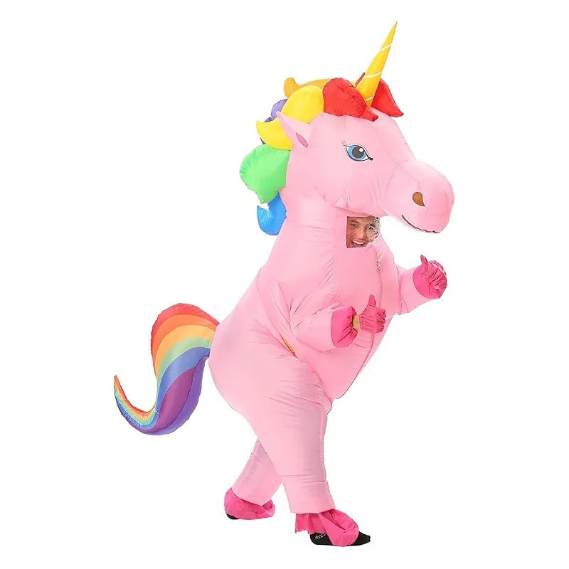 Inflatable Unicorn Costume: pink inflatable unicorn with rainbow mane, rainbow tail and yellow horn.