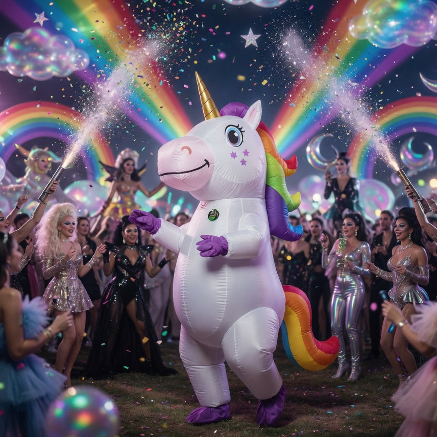 Inflatable Gay Unicorn Costume showcasing a bold, joyful queer celebration; features a vibrant rainbow mane and tail