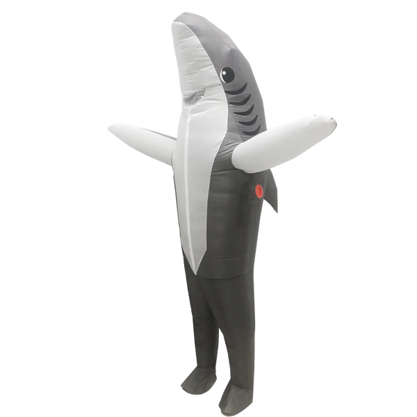Inflatable gray and white shark costume with fins, cartoon eye, gills, and dangling legs