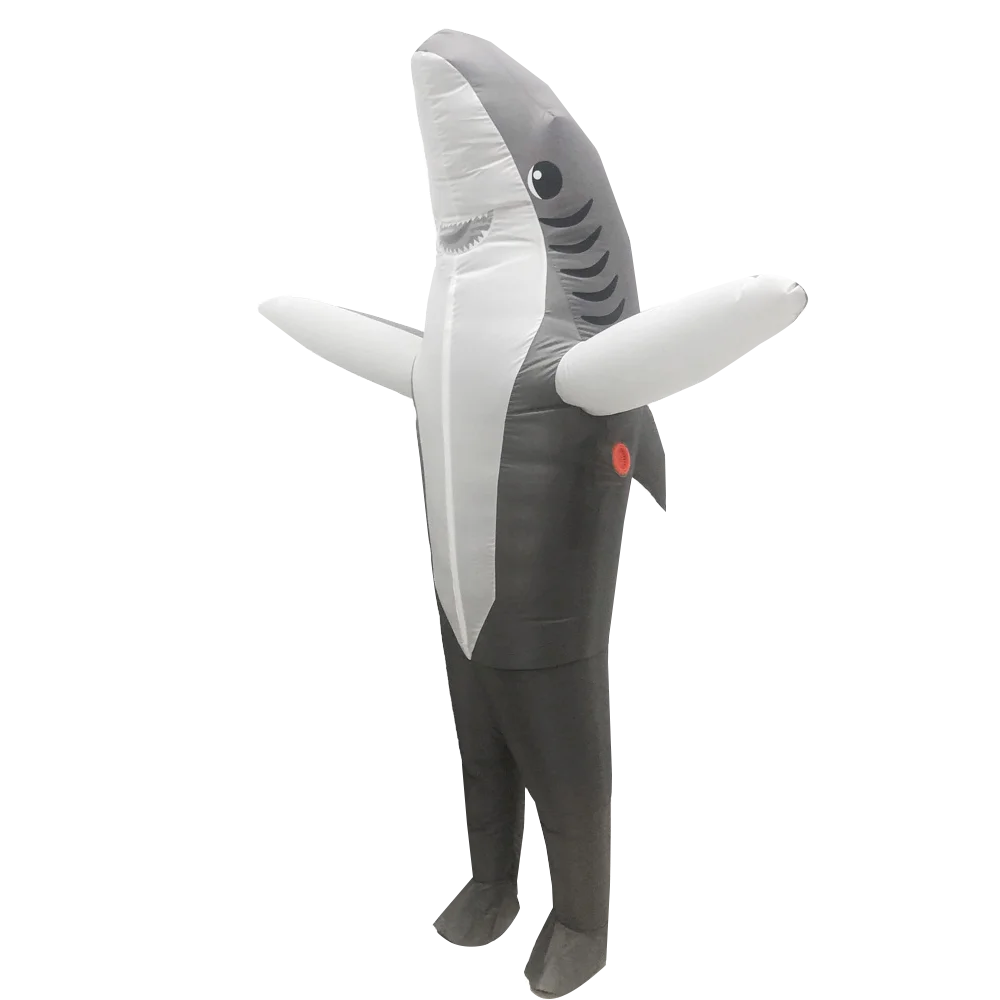 Inflatable gray and white shark costume with fins, cartoon eye, gills, and dangling legs