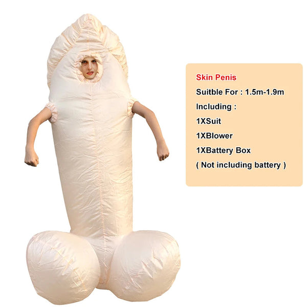 Person wearing an inflatable penis costume with oversized testicles and hooded opening