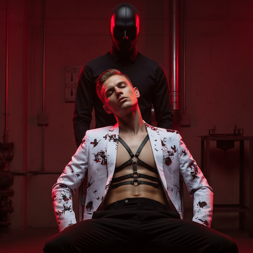 Model wearing a white ink-splattered lapel blazer over a black harness, with a masked figure behind