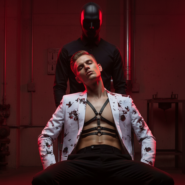 Model wearing a white ink-splattered lapel blazer over a black harness, with a masked figure behind