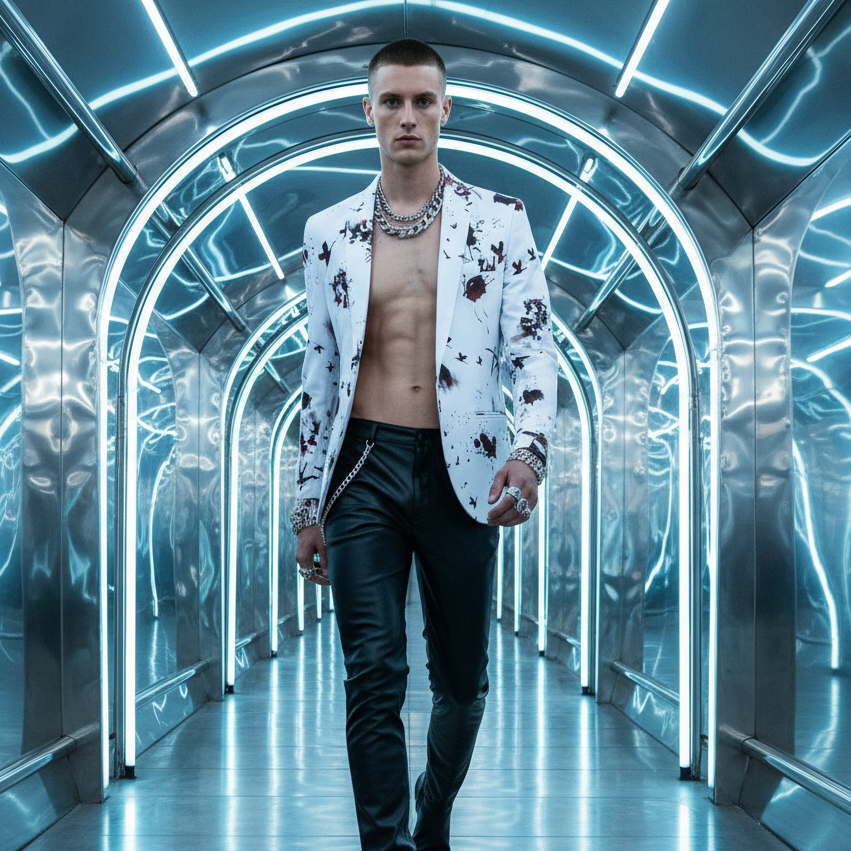 Front-view model wearing a white ink-splattered lapel blazer over black leather pants