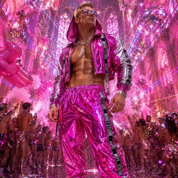 Low-angle model wearing a metallic pink hooded tracksuit with silver sleeves at a disco party