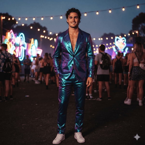 Front-view person wearing a shimmering blue-purple two-piece suit at an outdoor festival