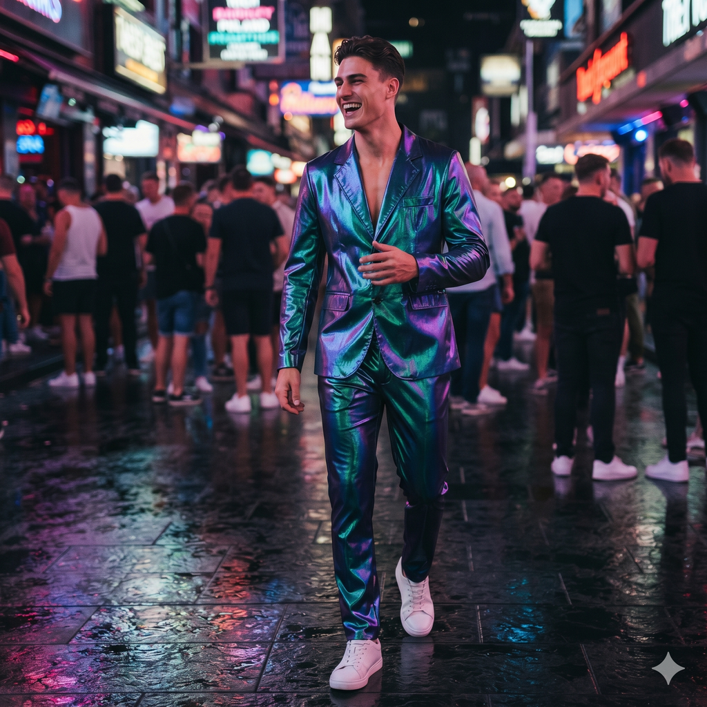 Smiling person in a shiny iridescent purple-blue blazer and matching trousers on a rainy city street