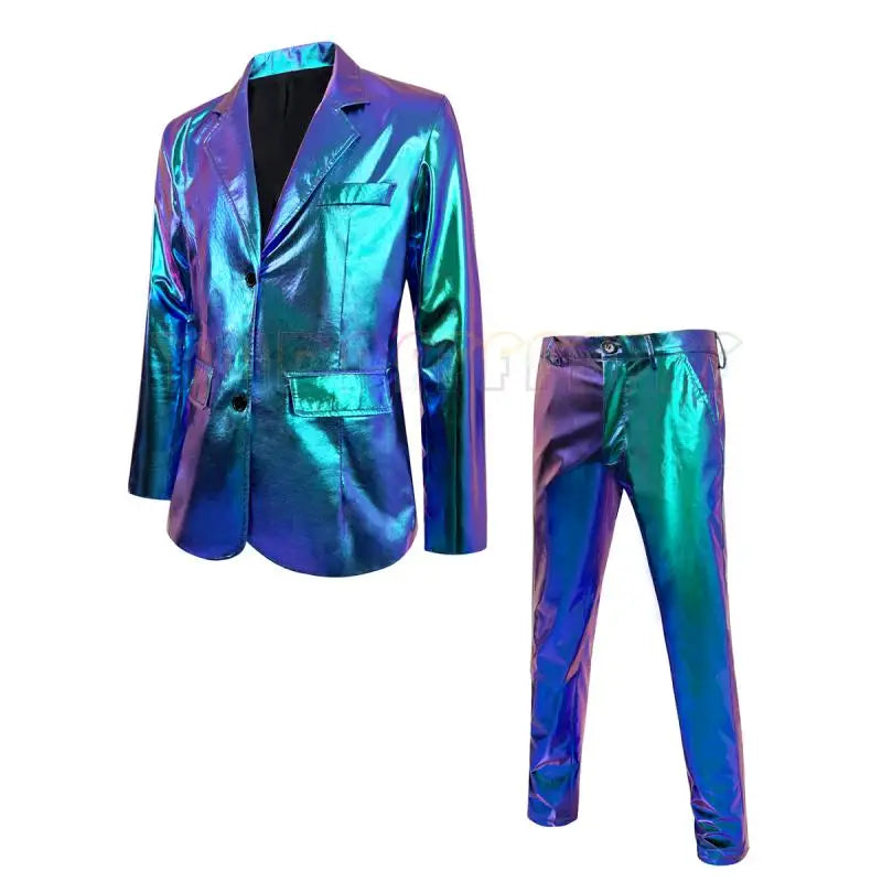 Front-facing holographic blue-purple suit jacket and matching trousers on a white background