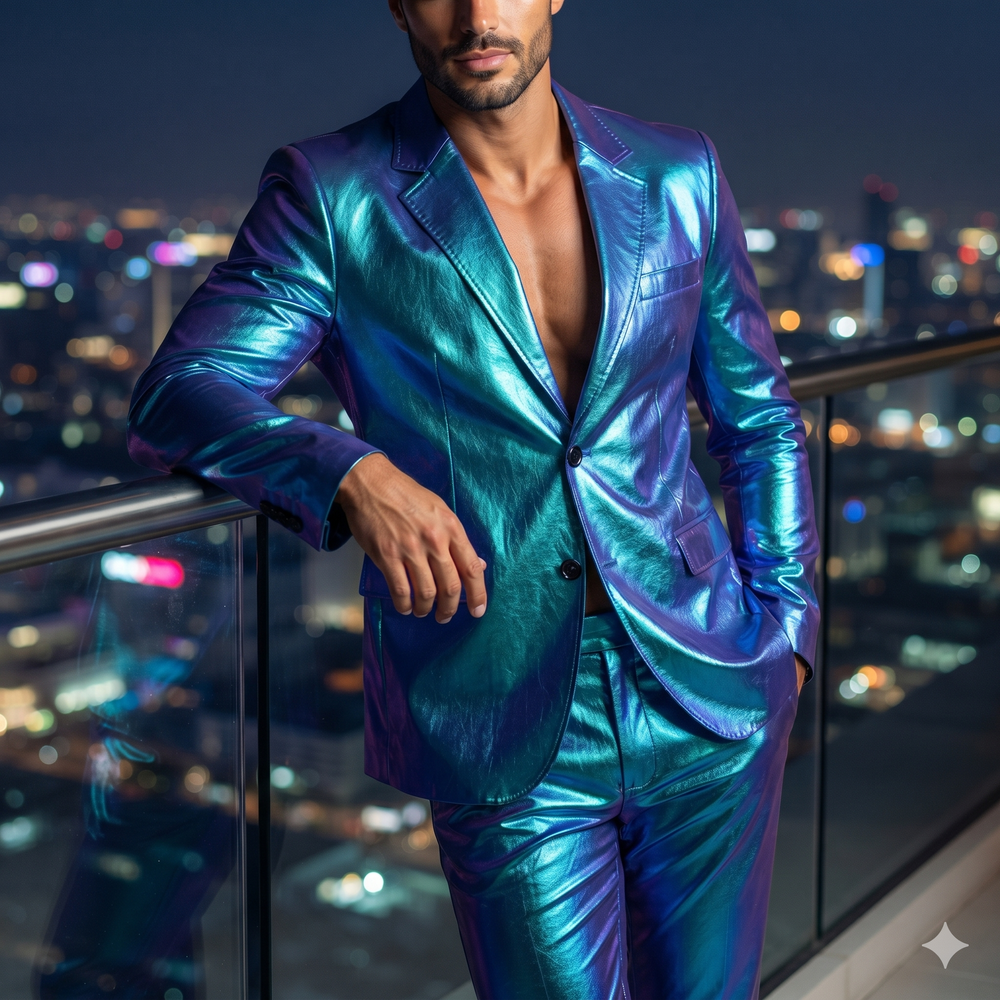 Cropped model in an iridescent blue-purple blazer and matching trousers on a city balcony