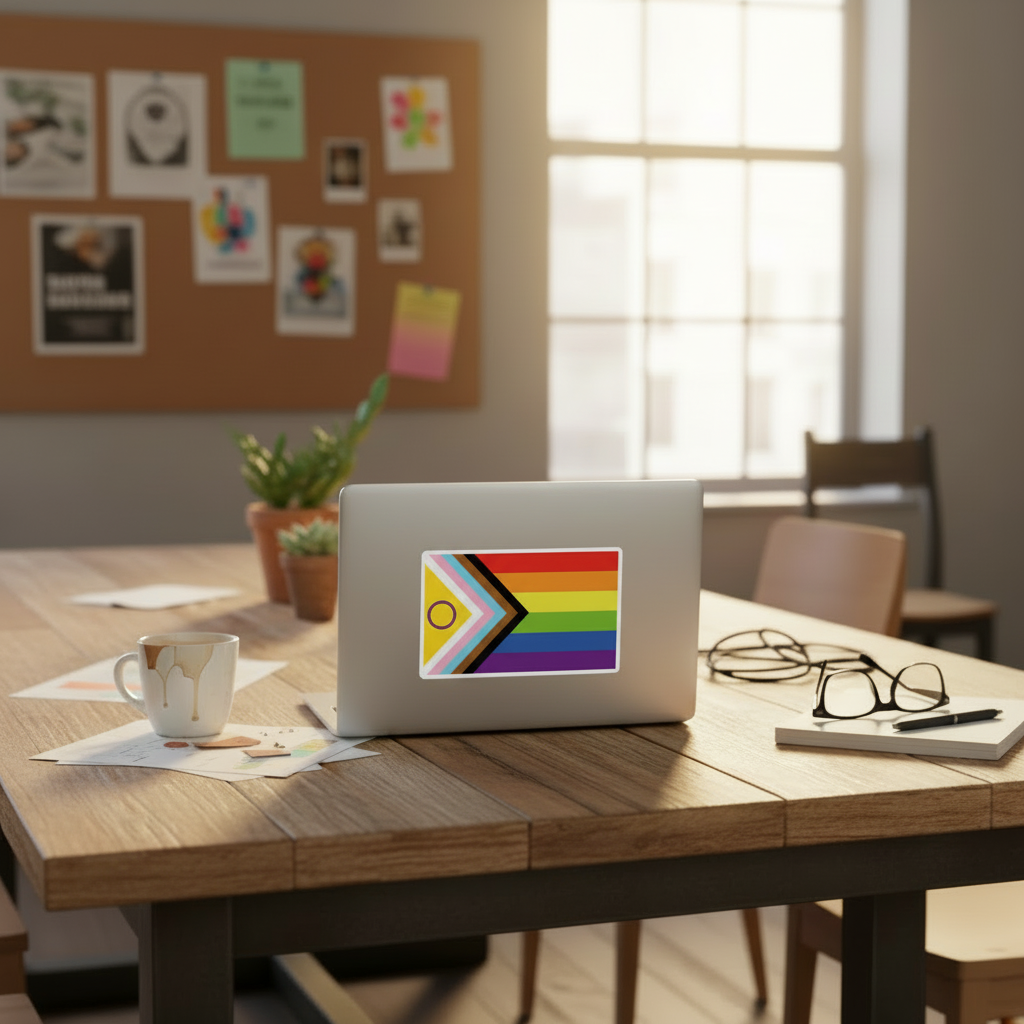 Intersex-Inclusive Pride Progress Flag bubble-free sticker on a laptop, surrounded by pride gear, coffee, papers