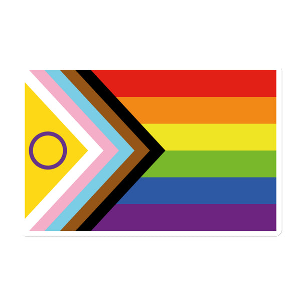 Front-facing rectangular magnet showing an intersex-inclusive Progress Pride flag with a purple ring
