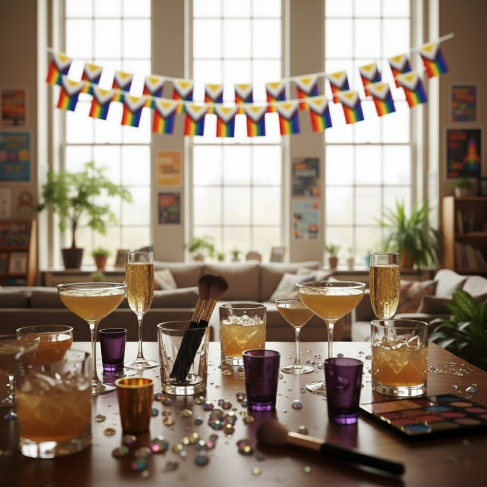 Progress Pride flag banners hang across bright windows above a decorated party table