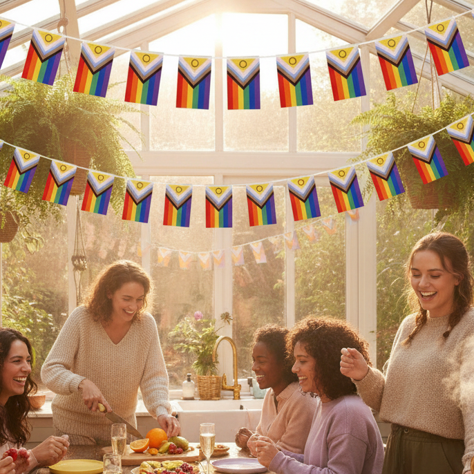 Five people share food beneath two rows of Intersex Inclusive Progress Pride flag banners