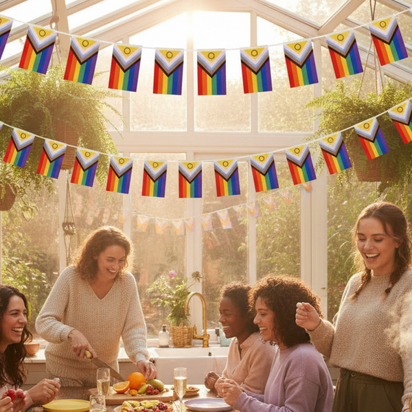 Five people share food beneath two rows of Intersex Inclusive Progress Pride flag banners