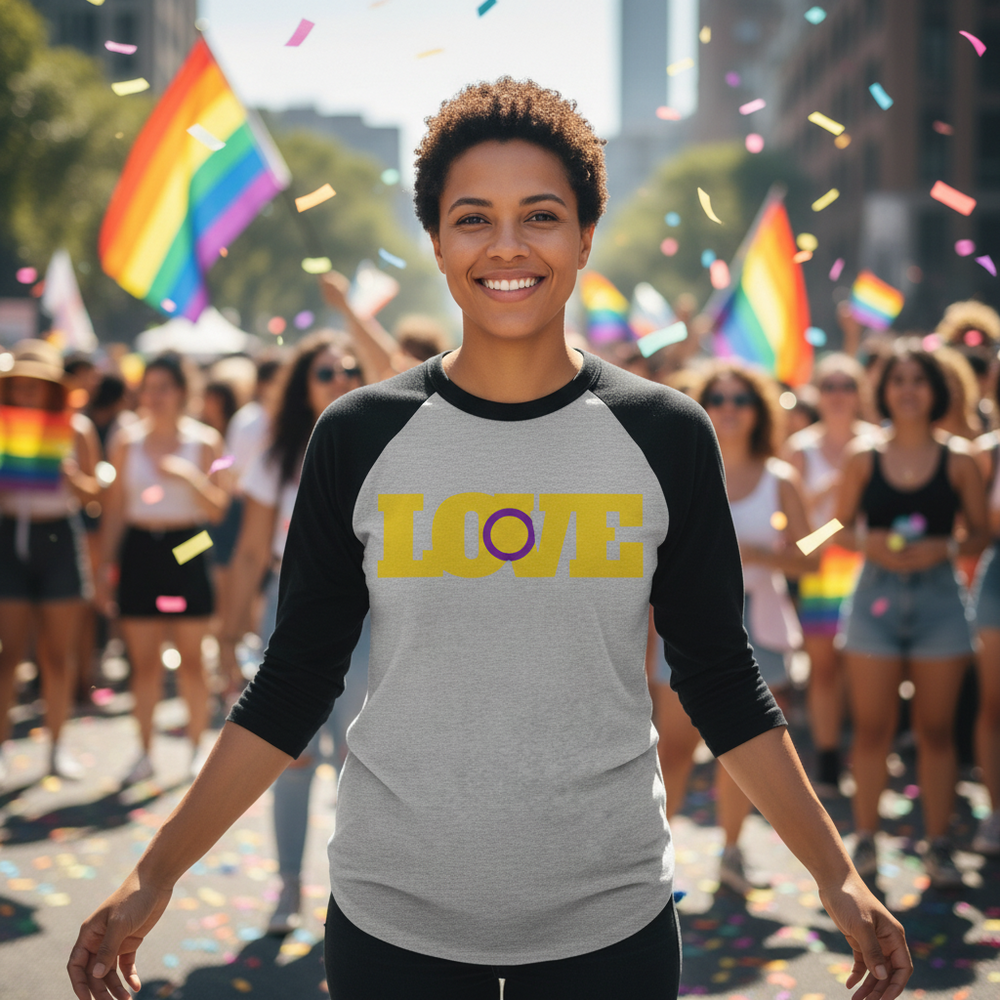 Intersex Love 3/4 Sleeve Raglan Shirt with yellow and purple "O" in "LOVE;" wearer at pride