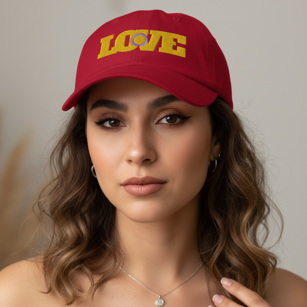 Red Intersex Love Cap with "LOVE" in gold, O as purple intersex symbol; worn with hoop earrings and a silver necklace.