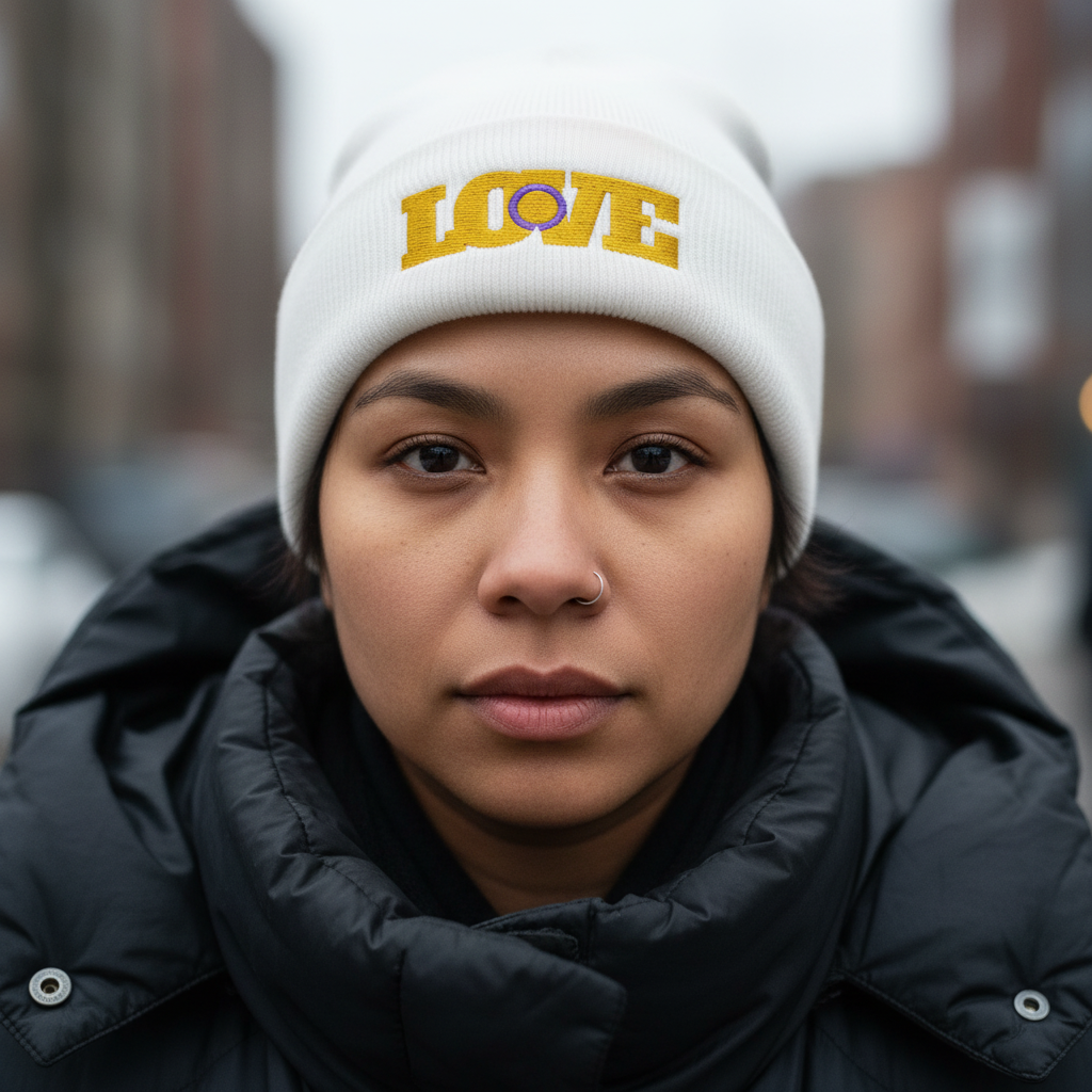 Intersex Love Cuffed Beanie with big yellow "LOVE" text pops on a queer youth in a black puffer, city blurred behind them.