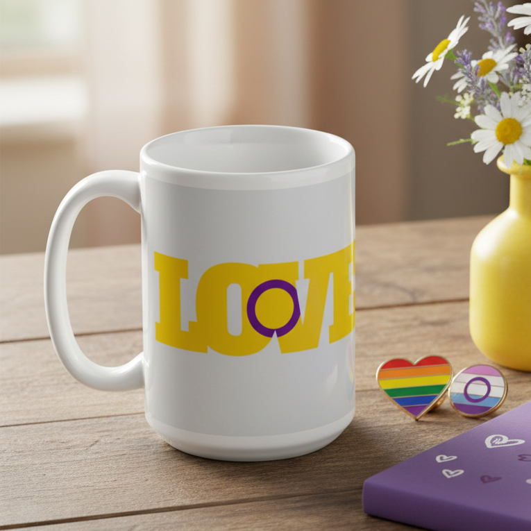 White LOVE mug with a purple O, beside rainbow and purple pins on a wooden table