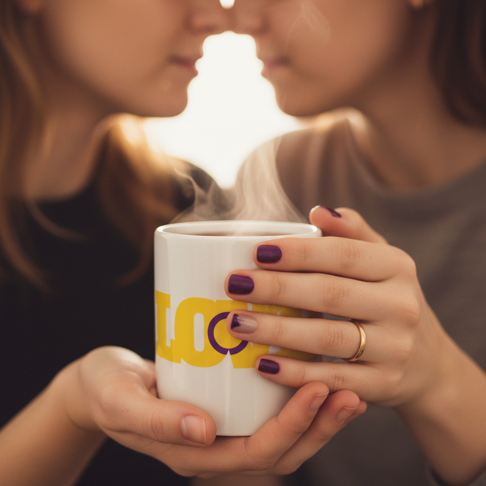 Two people hold a steaming white mug with partially obscured yellow and purple lettering