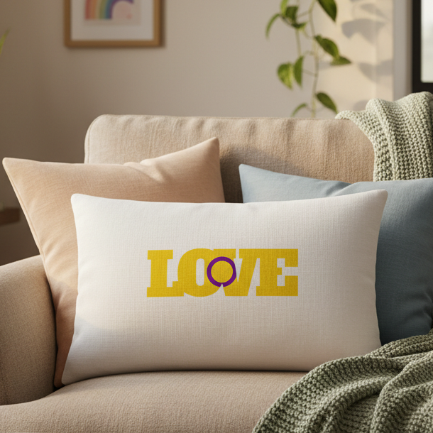 Beige sofa with pastel pillows, premium cushion, and white Intersex Love Pillow reading LOVE with purple “O”