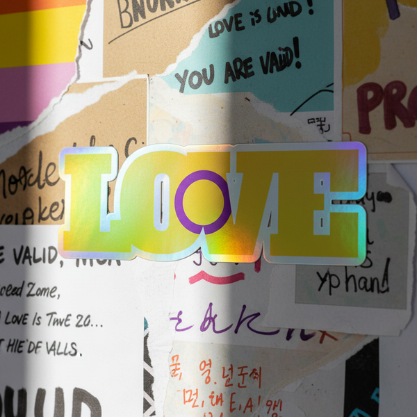 Intersex Love holographic vinyl sticker with “LOVE” over affirming notes, plus a rainbow Pride flag in the corner