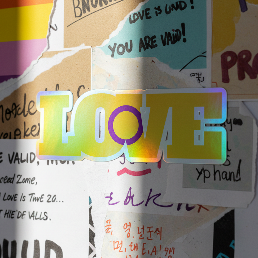 Intersex Love holographic vinyl sticker with “LOVE” over affirming notes, plus a rainbow Pride flag in the corner