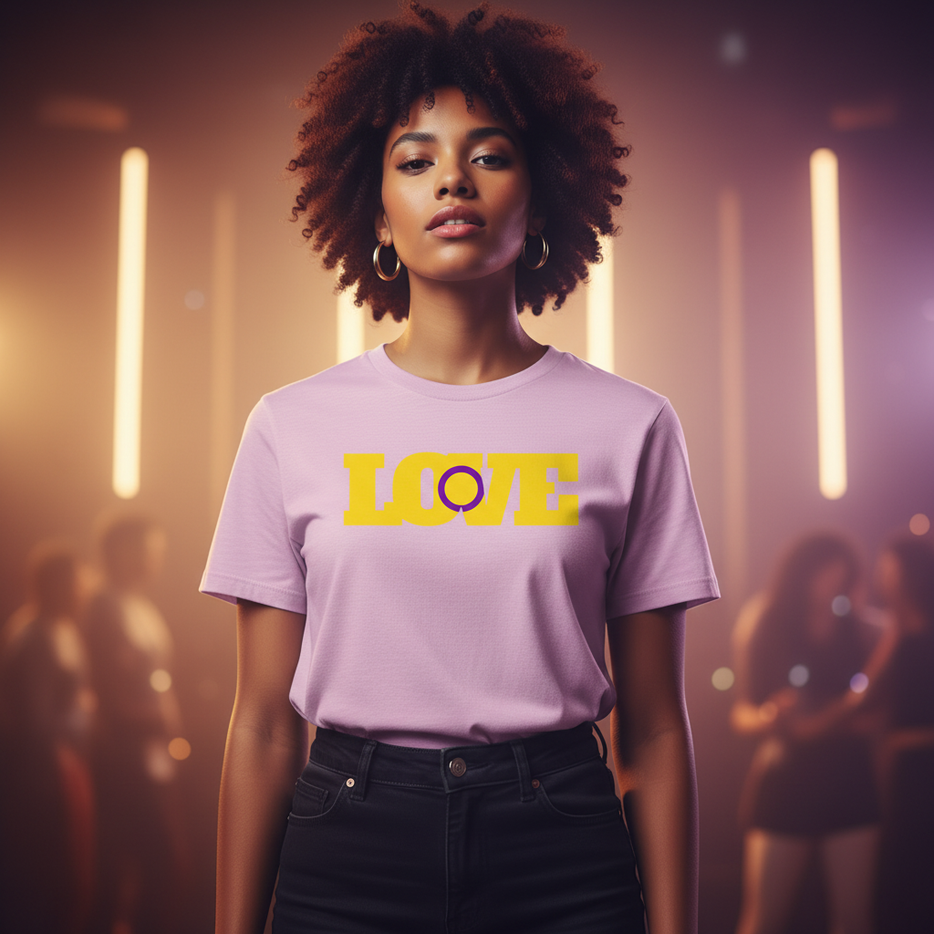 Intersex Love T-Shirt in light purple with bold yellow "LOVE" text