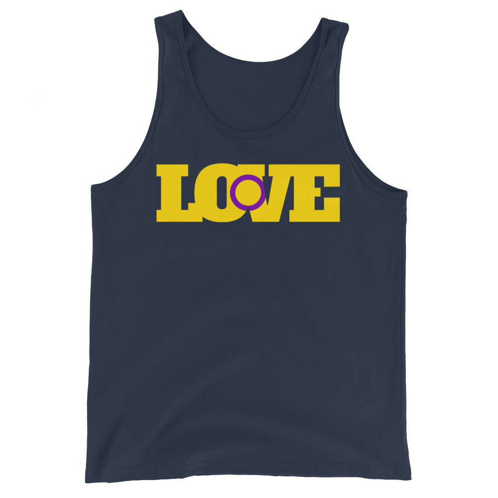 Unisex tank top in deep navy, "LOVE" in bold yellow across the front with a purple basketball as the "O"; queer, pride-ready.