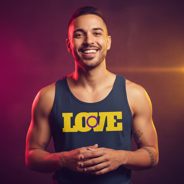 Intersex Love Unisex Tank Top with bold yellow “LOVE” and “O” as the intersex symbol, worn by a tattooed person